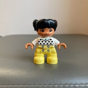 Lego DUPLO Girl Figure Black Hair Pigtails Yellow Pants Hearts Shirt